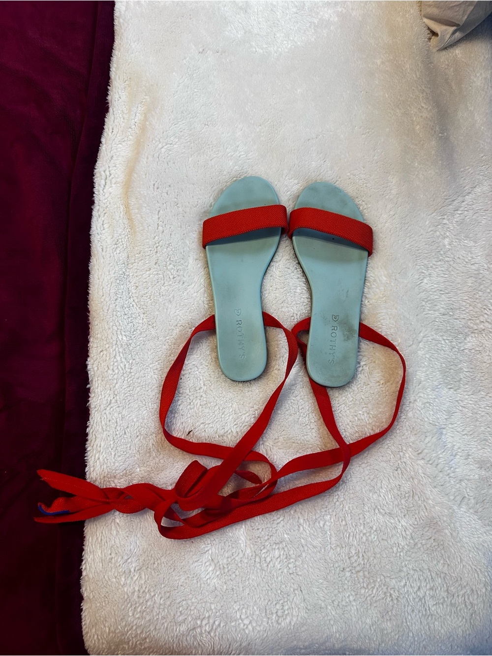 Rothy's Red/orangeStrap Slide Sandals with Light Blue Footbed and Ankle Wrap